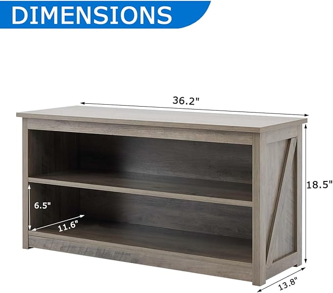 Farmhouse Storage Bench with 2-Tier Open Shelf, Shoe Bench with Cushion for Entryway, Mudroom, Hallway, Living Room & Bedroom Organization, Grey