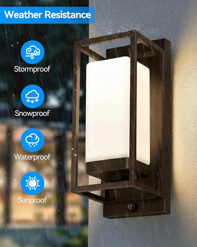 RAYVO Modern Outdoor Wall Light with Dusk to Dawn Sensor, Waterproof Exterior Lighting Fixtures with E26 Base, 3000K LED Bulb Included, Outdoor Sconce Lights for Porch Garage Entryway, Bronze, 2 Pack