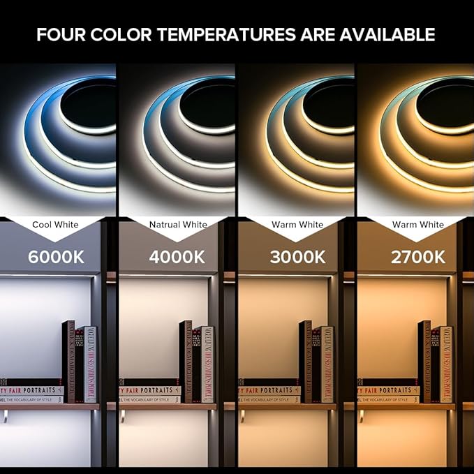 16.4FT IP65 Waterproof COB LED Strip 6000K 480LEDs/m Flexible High Density Uniform Bright LED Lights 9W/m, Dimmable 8mm DC24V COB Strips for Home Indoor Decoration, NO Power and Controller