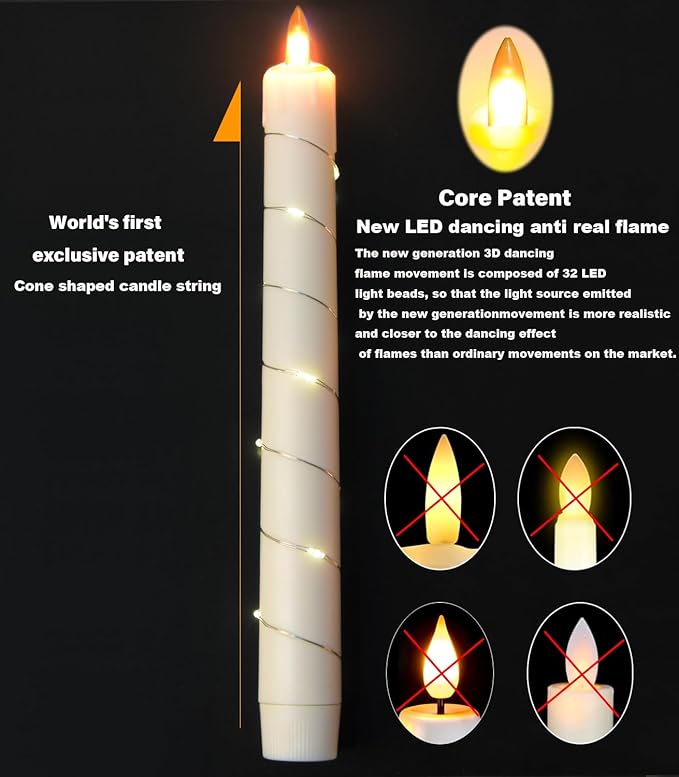 Flameless Cone Candle with Built-in Star String Light, 11-Button Remote Control, Timer, Battery Powered, Simulated Flame, 3-Pack Window Candle, Christmas Home & Wedding Decoration (White, red, Blue)