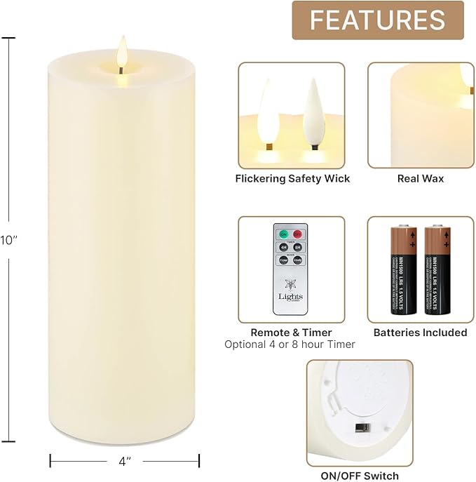 LampLust Flickering Flameless Candles with Remote & Batteries, 4x10 Pillar Candles Set of 2, Real Ivory Wax, Candles Battery Operated, Wedding Centerpieces for Tables, Thanksgiving Decorations