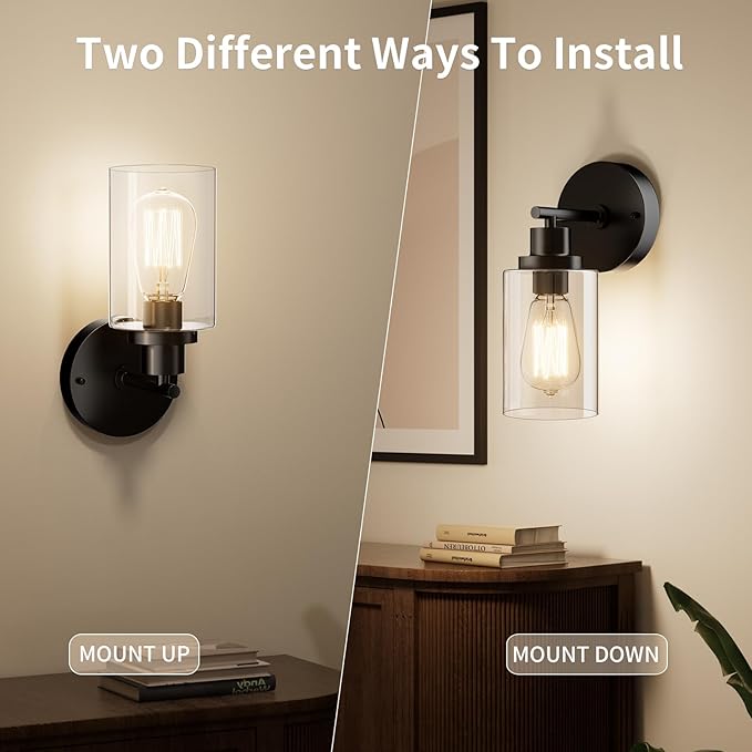 Bathroom Wall Sconces Set of Two: Black Vanity Light Fixtures with E26 Base LED Cordless Indoor Wall Mount Lamp for Mirror Bedroom Hallway Stairway Modern Decor Lighting