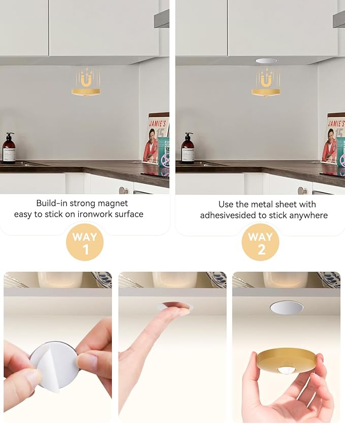 Rechargeable Puck Lights With Remote Control, 1500mAh Battery Operated Tap Lights, Dimmer & Timer Under Cabinet, Wireless LED Stick-On for Closet, Bedroom, Kitchen - Gold 3Pcs
