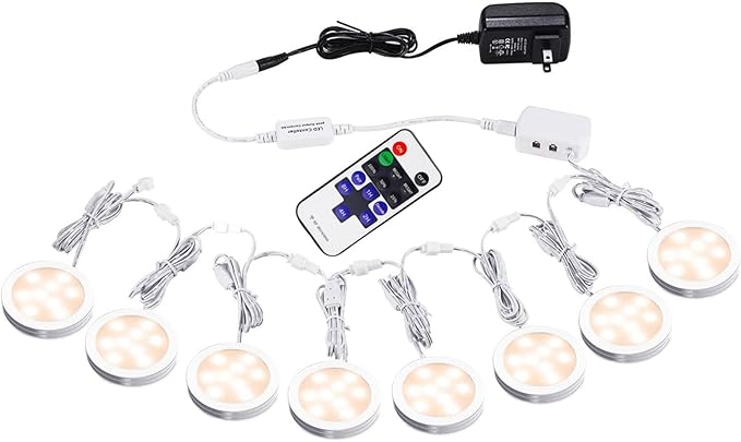 AIBOO Linkable Under Cabinet LED Lighting 12V Slim Aluminum Dimmable Puck Lights with RF Remote Control & UL Listed Plug for Display Bookshelf Lighting(8 Lights, Warm White)