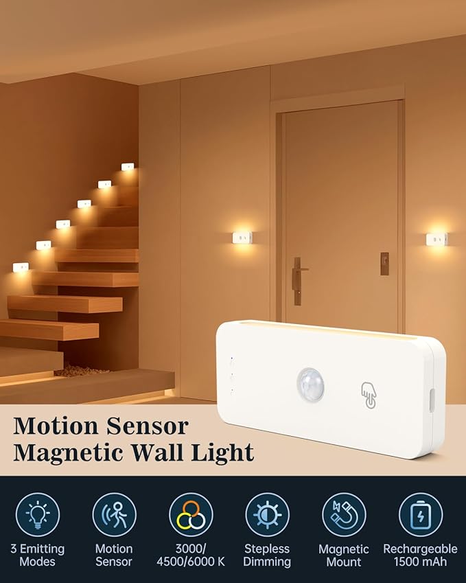 Yiliaw Motion Sensor Night Lights Indoor - Rechargeable Stick-On Stair Lights with Wireless Magnetic Mount, Adjustable Brightness & 3 Color Temps for Hallway, Stairway, Bathroom, Closet (4-Pack)