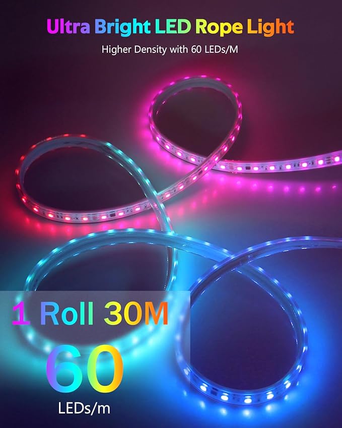 100FT Smart LED Light Strip RGB IC 1 Roll 24V Addressable Outdoor LED Strip Lights Waterproof Multi Color Chasing LED Lights with Remote APP Control Music Sync DIY Design for Bedroom 60 LEDs/M