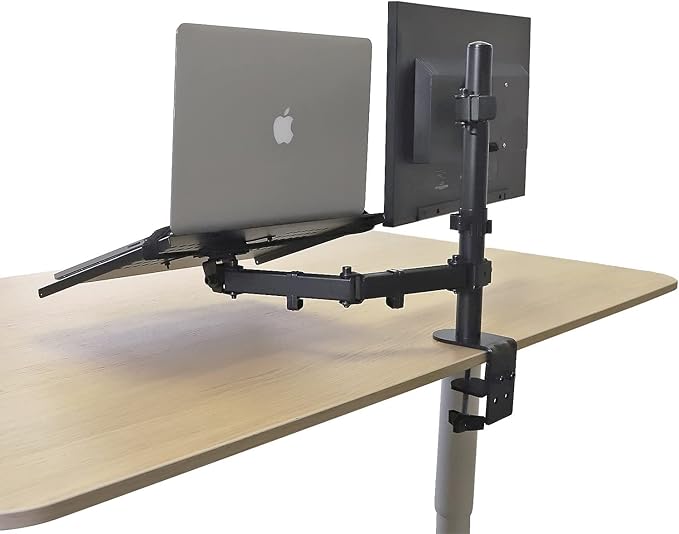 AEONS Monitor and Laptop Desk Mount Combo Stand with Notebook Tray fits 17 inch, 2-in-1 Adjustable Dual Arm Mount fits up to 32 inch LCD Screen with VESA, Clamp and Cable Management, Black