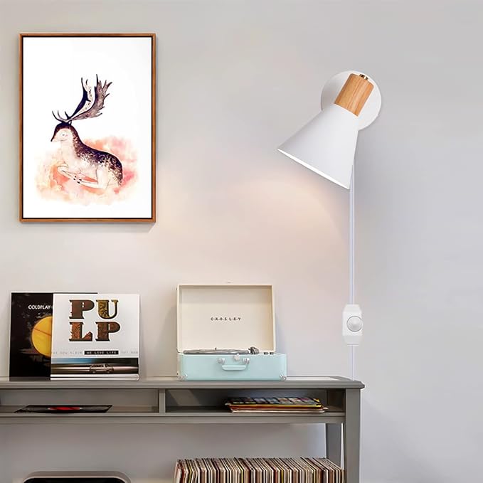 ClanKin Plug in Wall Sconces Lighting for Bedroom, White Dimmable Wood Style Wall Sconce Reading Lamp, Adjustable Wall Light for Bedroom Hallway Living Room (White-Plug in, 1)
