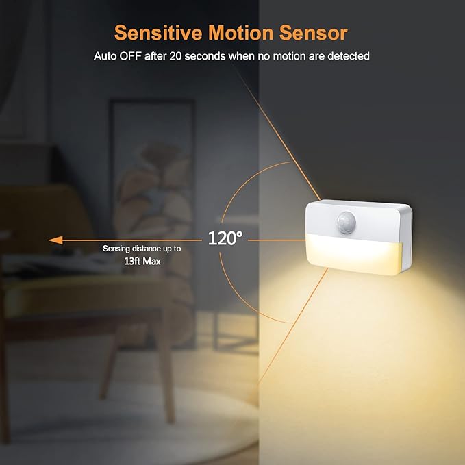12 Pack Motion Sensor Night Light, Stick-On Motion Sensor Lights Indoor, Battery Powered Under Cabinet Kitchen Lights with Adhesive Pads, Auto/On/Off for Cupboard Wardrobe Stair Kitchen- Warm White