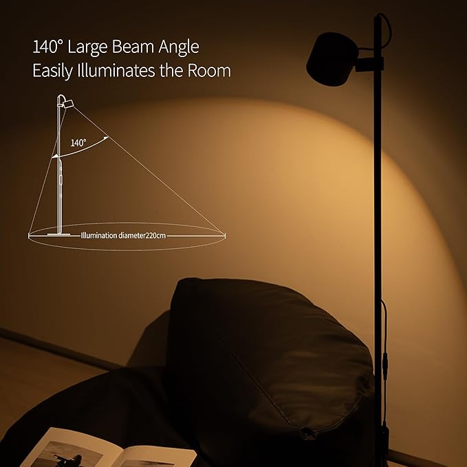 Aisilan LED Floor Lamp, 12W Dimmable Modern Floor Lamps, Adjustable Lamp Head Standing Reading Light for Living Room Bedroom Study Room Indoor,Black, 3000K, CRI 97