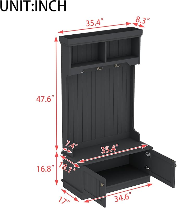 Modern Hall Tree with Storage Shoe Bench, 4-in-1 Design Coat Racks with Shoe Bench and Hooks, Multifunctional Hall Tree for Living Room, Entryway and Hallway (Black/44f)