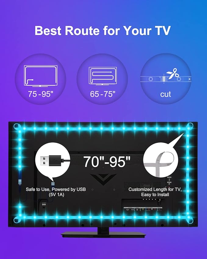 GUPUP Color Changing Bluetooth LED Lights for TV, Smart App Control with 20ft Strip - USB Powered Backlight for Bedroom, Gaming Room, PC, Mirror, Fits 85-100 Inch TVs,20ft