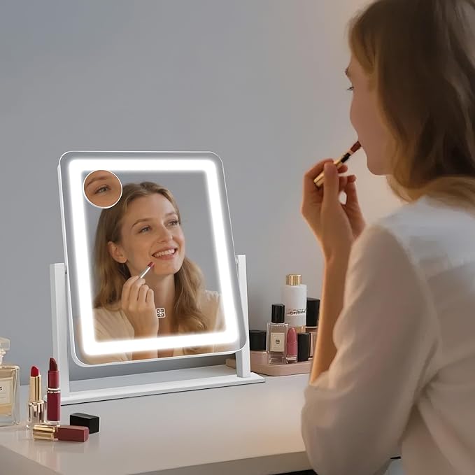 Vanity Mirror with Lights, 15"×12.2" Large LED Makeup Mirror with Light, HD Mirror, Smart Touch with 3-Color Lighting, Dimmable, 360° Rotation, Lighted Up for Vanity Desk Tabletop, Bedroom (White)