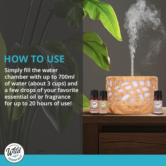 Wild Essentials 700ml Designer Large Room Essential Oil Diffuser, 5 in 1 Ultrasonic Aromatherapy Vaporizer Cool Mist Humidifier, Home, Office, Bedroom, Timer, Auto-Off, 7 Color LED (Dark Wood Hearts)