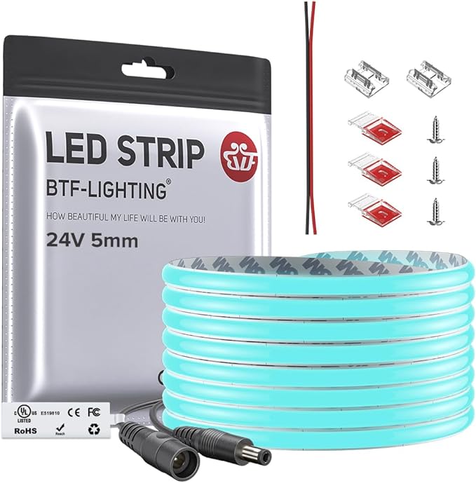 BTF-LIGHTING FCOB COB LED Strip Ice Blue 5mm Width UL Listed Super Narrow Flexible Uniform Light DC24V 16.4FT CRI 90+ Dimmable LED Ribbon for Bedroom Home Indoor Decor(No Adapter or Controller)