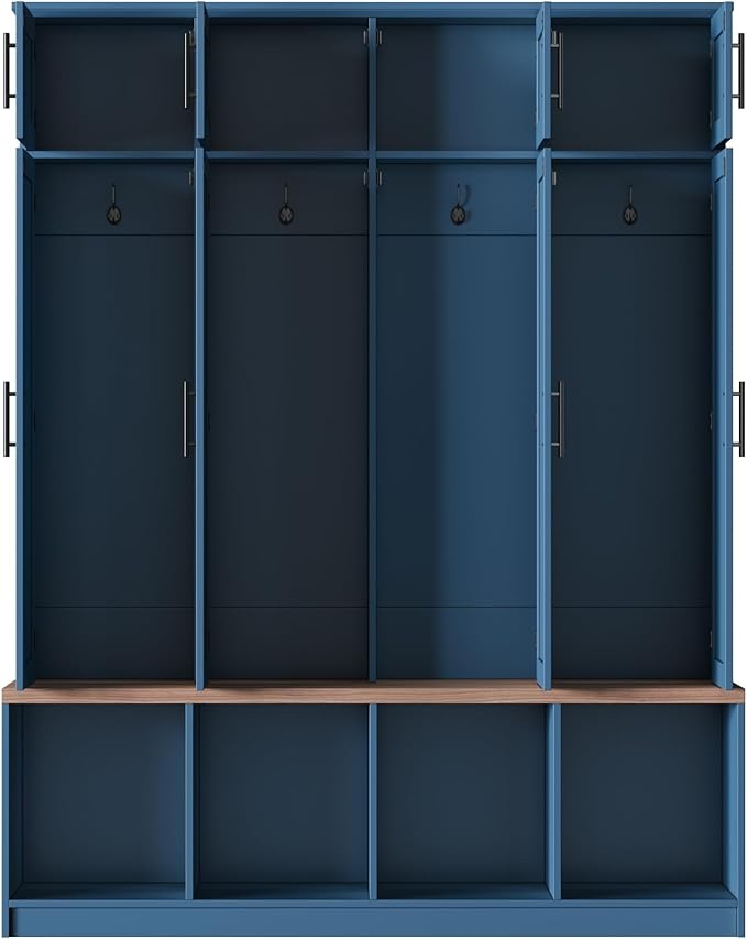 Hall Tree with Entryway Bench and Shoe Cabinet, Multi-Functional Seating Bench with 4 Hanging Hooks and 8 Doors, Blue