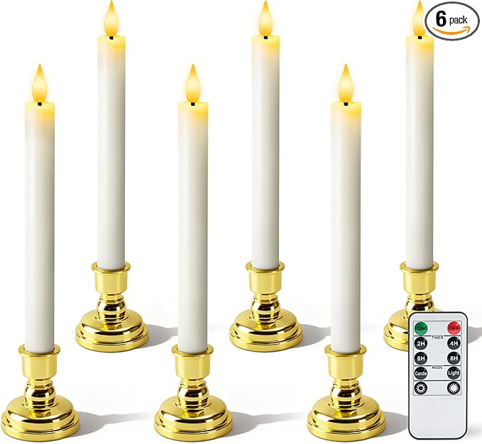 6 Pcs Window Candles with Remote and Timer, White Battery Operated Candlesticks with Gold Holders, LED Christmas Candle for Window Home Xmas Holiday Decor
