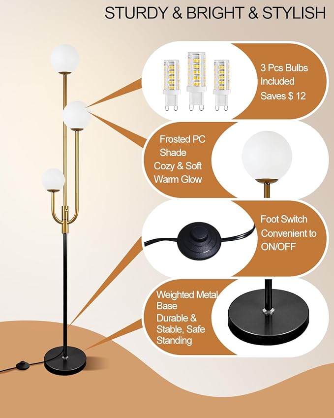 Lightdot 66IN Globe Floor Lamp 3-Lights Vintage Floor Lamps with 3000K Warm White Bulbs Included for Wedding Party Modern Tall Standing Lamp for Living Room/Bedroom-Gold & Black
