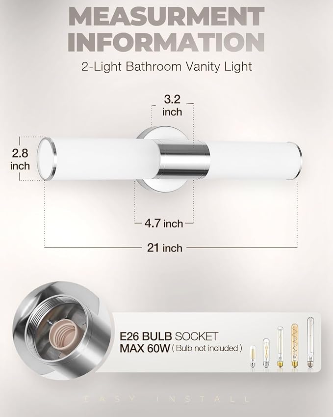 2-Light Bathroom Vanity Lighting Fixture, Brushed Nickel Wall Sconce with Opal White Glass, E26 Stocket Indoor Wall Lamp, Modern Mirror Light. 2 Pack