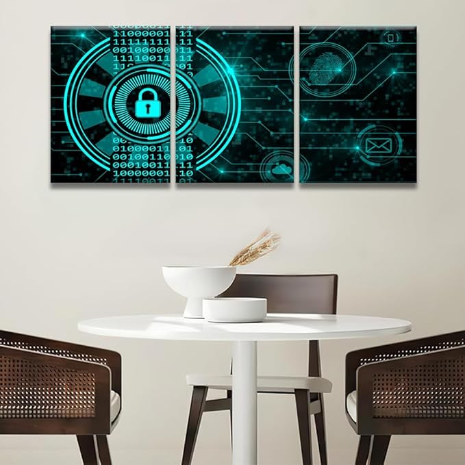 LSIUHWUWI Modern Wall Art 3 Piece Secure Technology Concept Padlock Binary Code Hud Posters for Wall Decoration, Connecting Lines Fingerprint Cloud Mail Artwork Framed Ready to Hang, 12x16inchx3