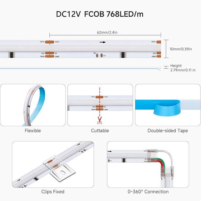 BTF-LIGHTING FCOB COB LED Strip WS2814 IC RGBW 6000K Flexible High Density Color Chasing Uniform Light 16.4FT DC12V 16IC/m 10mm Width for Home DIY Lighting Projects(No Adapter or Controller)