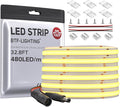 BTF-LIGHTING FCOB COB LED Strip Flexible High Density Uniform Light 9W/m 32.8FT DC24V Warm White 3000K 480LED/m CRI 90+ 8mm Width for Home Indoor Decor(No Adapter or Controller)