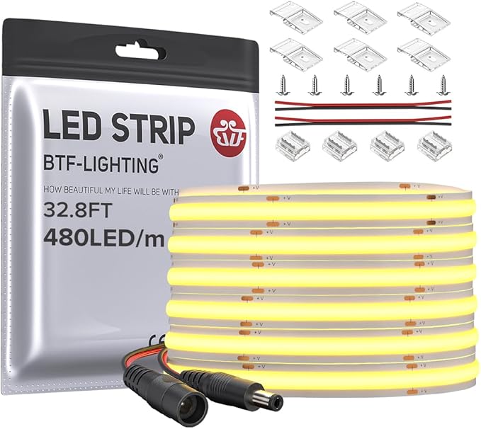 BTF-LIGHTING FCOB COB LED Strip Flexible High Density Uniform Light 9W/m 32.8FT DC24V Warm White 3000K 480LED/m CRI 90+ 8mm Width for Home Indoor Decor(No Adapter or Controller)