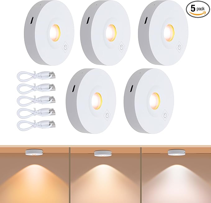 Rechargeable Puck Lights, 3 CCT & Dimmable Under Cabinet Lighting Wireless Magnetic Battery Operated Closet Light 2W 70LM White(5 Pack, Remote Control not Included)