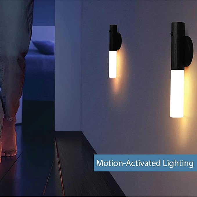 Motion Sensor Night Light Black 2pc, Magnetic LED Wall Lights Rechargeable Portable Sensor Night Light Indoor Wooden Wall Sconce for Bedroom, Staircase, Hallway, Closet Walnut Wood, Warm Lighting
