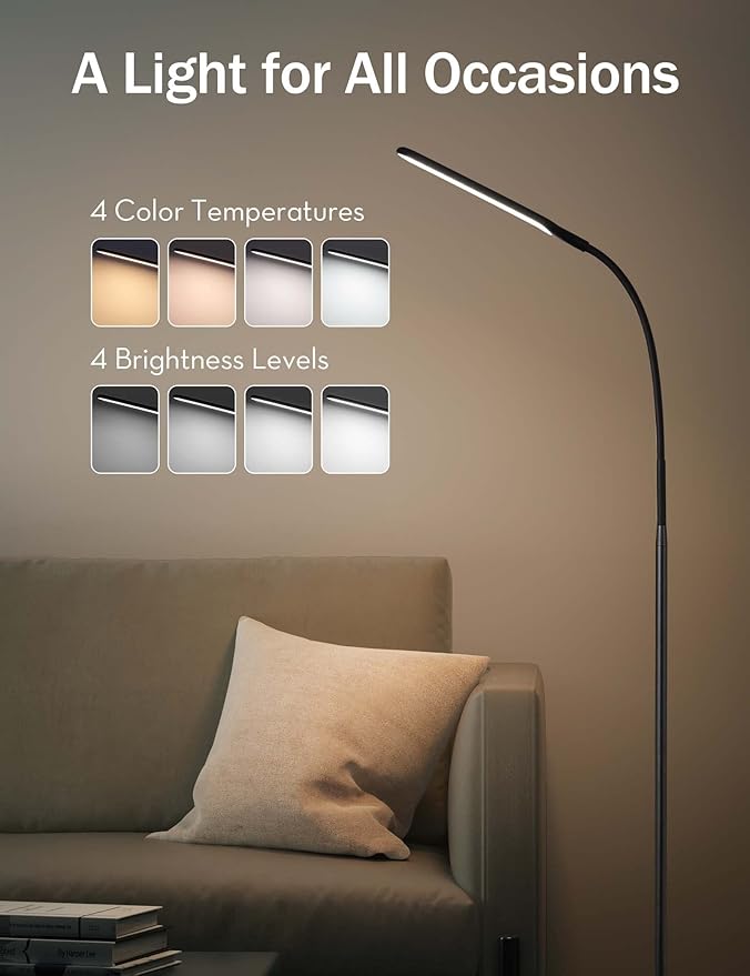 Nopoor LED Floor Lamp, 4 Brightness Levels & 4 Colors Dimmable Floor Lamp Modern Standing Light Adjustable Gooseneck Task Lighting for Reading Living Room Bedroom Office Piano (Black)