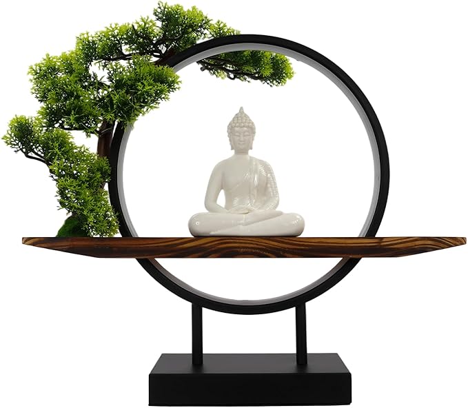 Buddha Statue Lamp with LED Light, 16.5in Zen Decor for Office Desk, Mindfulness Gift for Meditation Space, Indoor Home Decor Figurine with Artificial Tree