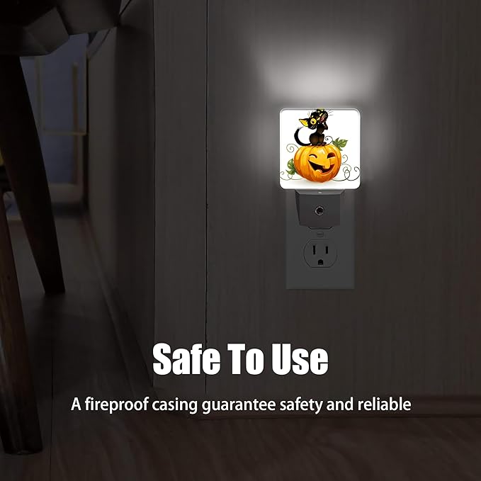 Halloween Night Light, Cute Black Cat and Pumpkin Night Lights Plug into Wall Decorations for Bedroom, Bathroom, Dusk to Dawn Sensor Nightlights for Girls Women Room Gifts