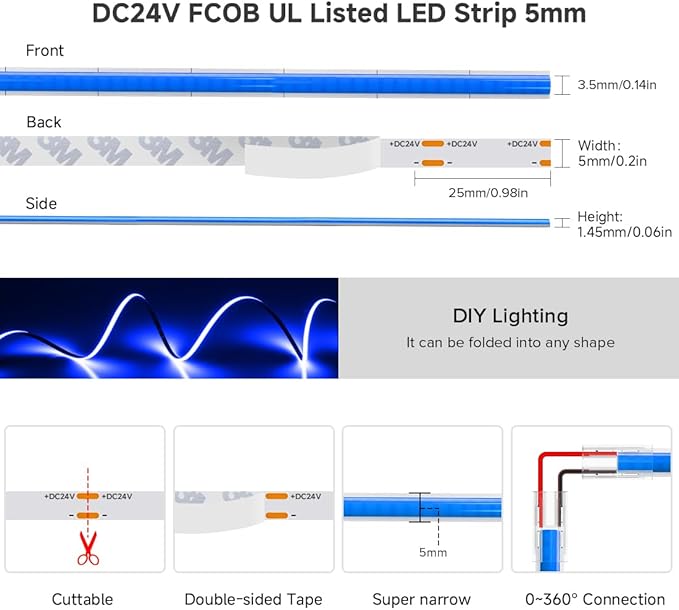 BTF-LIGHTING FCOB COB LED Strip Blue Color 5mm Width UL Listed Super Narrow Flexible Uniform Light DC24V 16.4FT CRI 90+ Dimmable LED Ribbon for Bedroom Home Indoor Decor(No Adapter or Controller)