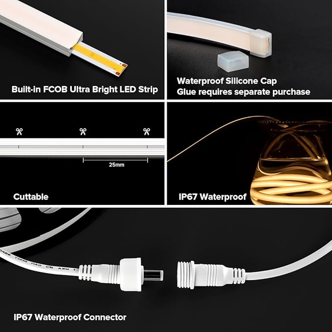 BTF-LIGHTING FCOB COB LED Strip IP67 Waterproof Flexible High Density Uniform Diffused Neon Light 16.4FT DC24V Cool White 6000K 480LED/m CRI 90+ for Indoor Decor(No Adapter or Controller)