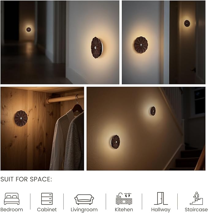 Motion Sensor Night Light Wooden Carved Flower Mini USB Rechargeable Stick-On Step Lights Magnetic Wall Lights for Hallway Bedroom Living Room Stair (2 Pack Black Walnut)