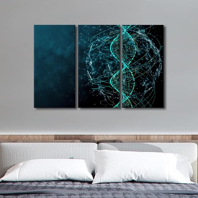 Wall Art Decor for Medicine Poster Canvas Decor Blue DNA Picture Printing 3 Panel Modern Canvas Artwork Prints for Lady Living Room Decor Stretched and Framed Ready to Hang 28"Wx42"H
