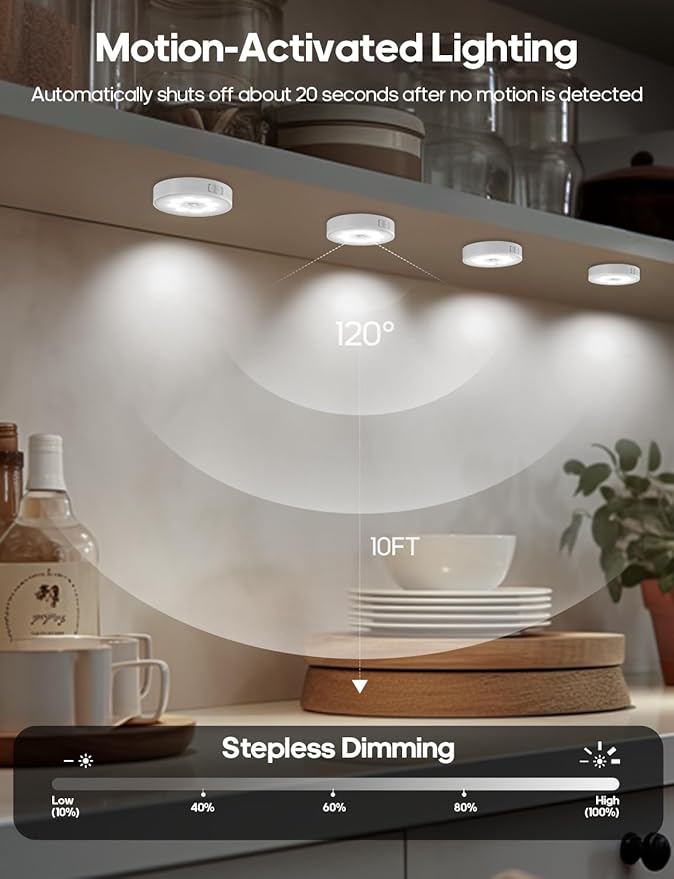 Led Under Cabinet Lighting, Motion Sensor Light Indoor, 1000mAh Puck Lights with IR Remote, Rechargeable Under Counter Lights for Kitchen,Cabinets,Closet,Stairs Indoor (6 Pack)