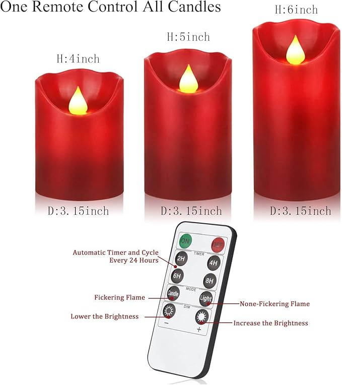 YIWER Flameless Candles Set of 3, Φ3.15 xH 4"/5"/6" Real Wax Not Plastic Pillars Include Realistic Dancing LED Flames and 10-Key Remote Control with 2/4/6/8-hours Timer Function,300+ Hours (3×1, Red)