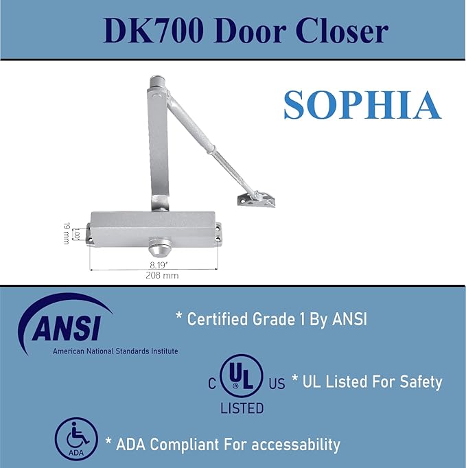 SOPHIA Commercial Door Closer Grade 2, Automatic Door Closer DK700, Hydraulic Auto for Home & Light Commercial Property (Size 3), ADA & UL, Silver Aluminum