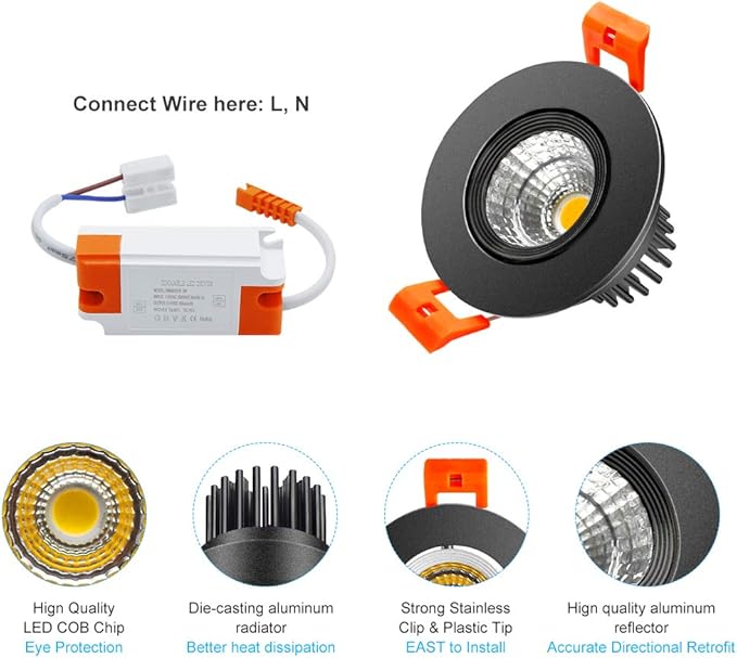 inShareplus 2 Inch LED Downlight, 3W Recessed Lighting COB Dimmable, 3000K Warm White, CRI80, Black Trim, Ceiling Lights with LED Driver, 1 Pack