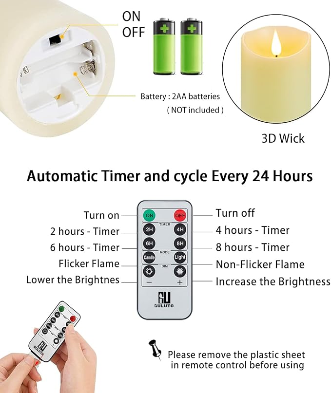 Flameless Battery Operated Flickering Candles with Remote and Timer, Real Wax Pillar Electric LED Candles for Home, Wedding, Halloween, Christmas, Party - 3" x 4"