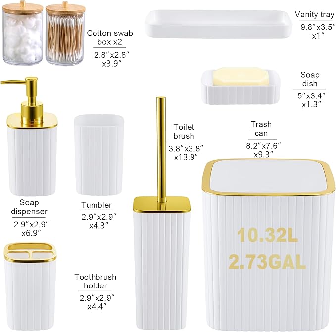Bathroom Accessory Set White-9PC Set with Toilet Brush, Trash Can, Soap Dispenser, Q-Tip Holder | Modern Home Bath Essentials (White, Bath Set)