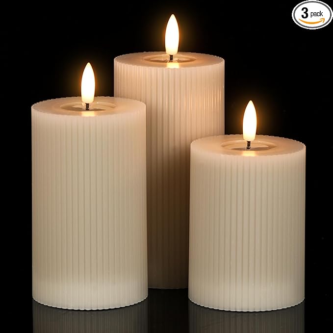 Eldnacele Vertical Stripe Pillar Flameless Candles with 6 Hours Timer, Battery Operated 3D Wick Flickering Warm Lights Real Wax Gray LED Candles Dinner Indoor Holiday Christmas Decor(3Pcs,3"×5"/6"/7")