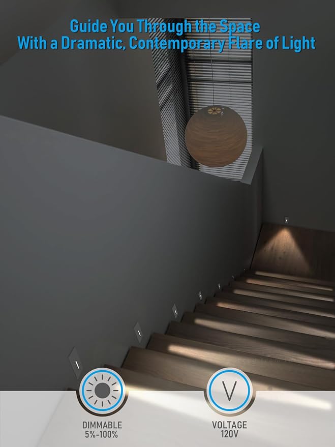 LEONLITE Indoor LED Step Light, 5CCT 120V Dimmable Pin Hole Stair Lights, Anti-Glare 30° Streamlined Lighting Effect for Staircase Bedroom, CRI90, ETL, White, Vertical, Pack of 6