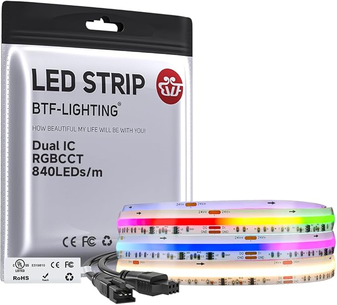 BTF-LIGHTING WS2811 Dual IC RGBCCT FCOB COB LED Strip,UL Listed High Density Chasing IC RGB Light+Tunable White 3000K-6000K,9.8FT 840LEDs/m,10mm Width IP66 DC24V 3M Tape(No Adapter or Controller)