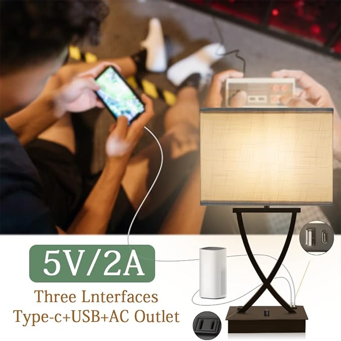Fully Dimmable Medium Table Lamp for Bedroom with Type C/USB Charging Port and 1 AC Outlet White Shade 21.38" Bedside Nightstand Lamp for Living Room Office and Hotel Bulb Included