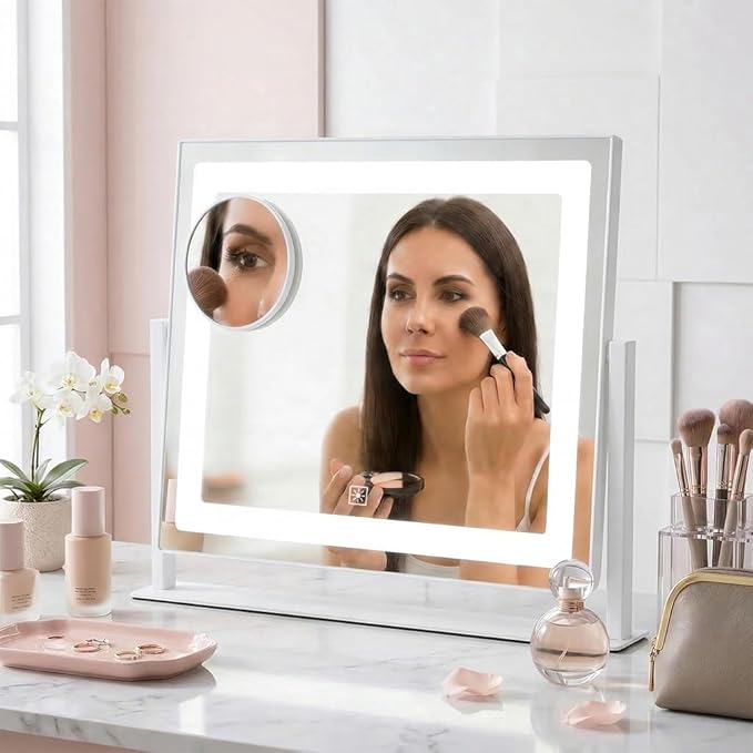 Vanity Mirror with Lights, 12" x 16" Lighted Makeup Mirror with Smart Touch Control, LED Makeup Mirror with 3 Color Lighting Modes, 10X Magnification, 360° Rotation for Tabletop - White