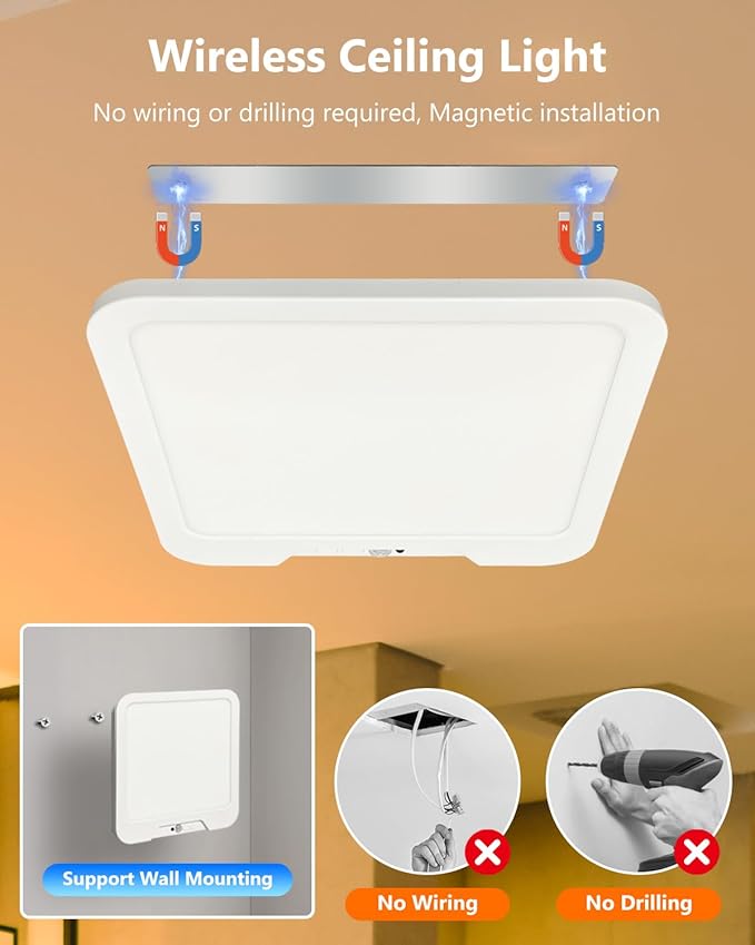Rechargeable Motion Sensor Ceiling Light with Remote, Dimmable Magnetic Mount Closet Light, 7000mAh Battery Operated LED Shower Light, 3 Color Temperatures for Bathroom, Stairs, Hallway, Garage,Pantry