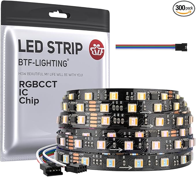 BTF-LIGHTING WS2805 IC RGBCCT Addressable Dual Data LED Strip 5050SMD 16.4FT 60LED/m 10Pixel/m 5 Colors in 1 Chasing Color RGB+CCT 3000K-6500K Lights Strip IP30 DC24V(No Adapter or Controller)