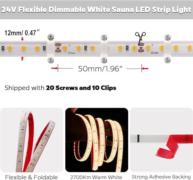 SuperlightingLED 24V 2700K Warm White Sauna Lights High Temperature LED Strip IP68 Waterproof, 5m/16.4ft 600 LEDs Flex Cuttable Rope Lights for Sauna, Bathroom, and Shower Niche (2700K Warm White)
